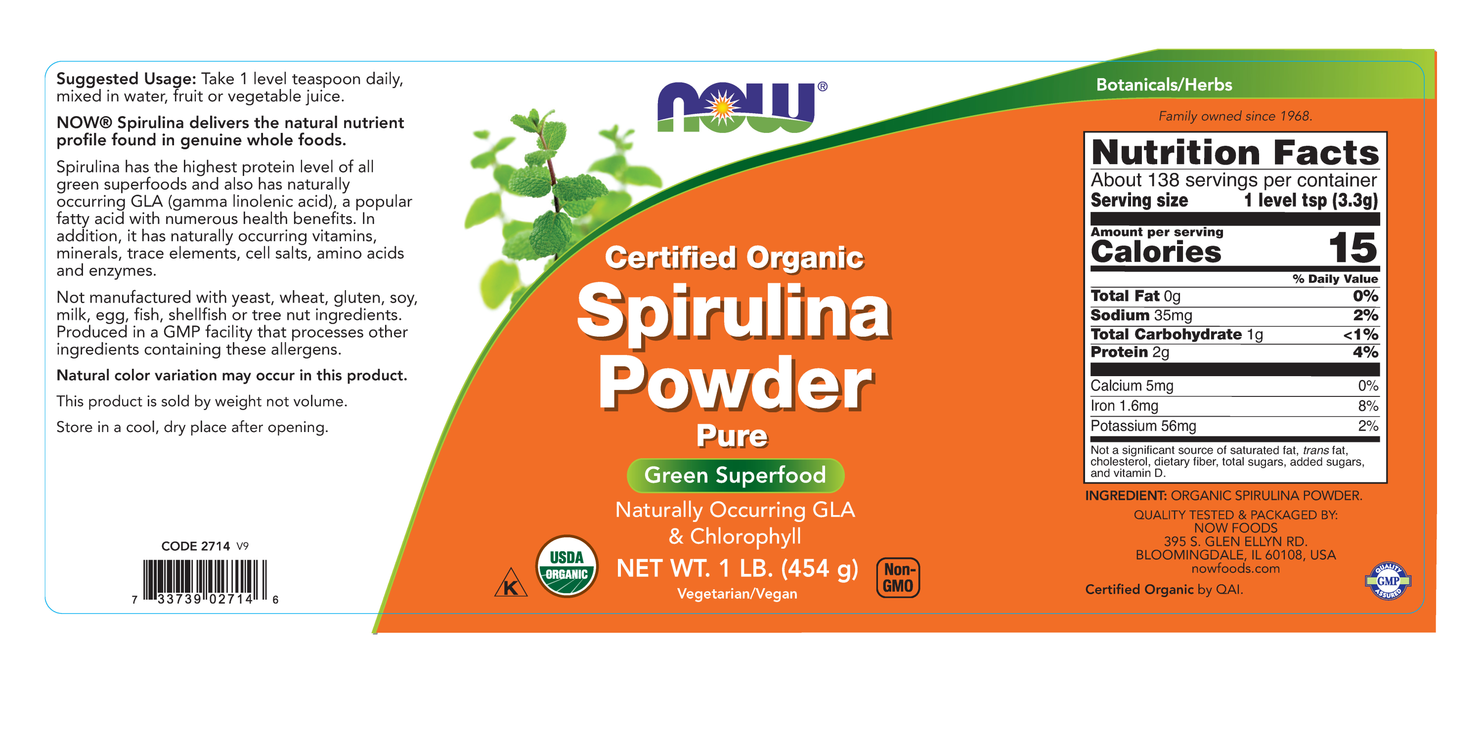 Spirulina Powder, Organic 1 lb. Tri Health Foods